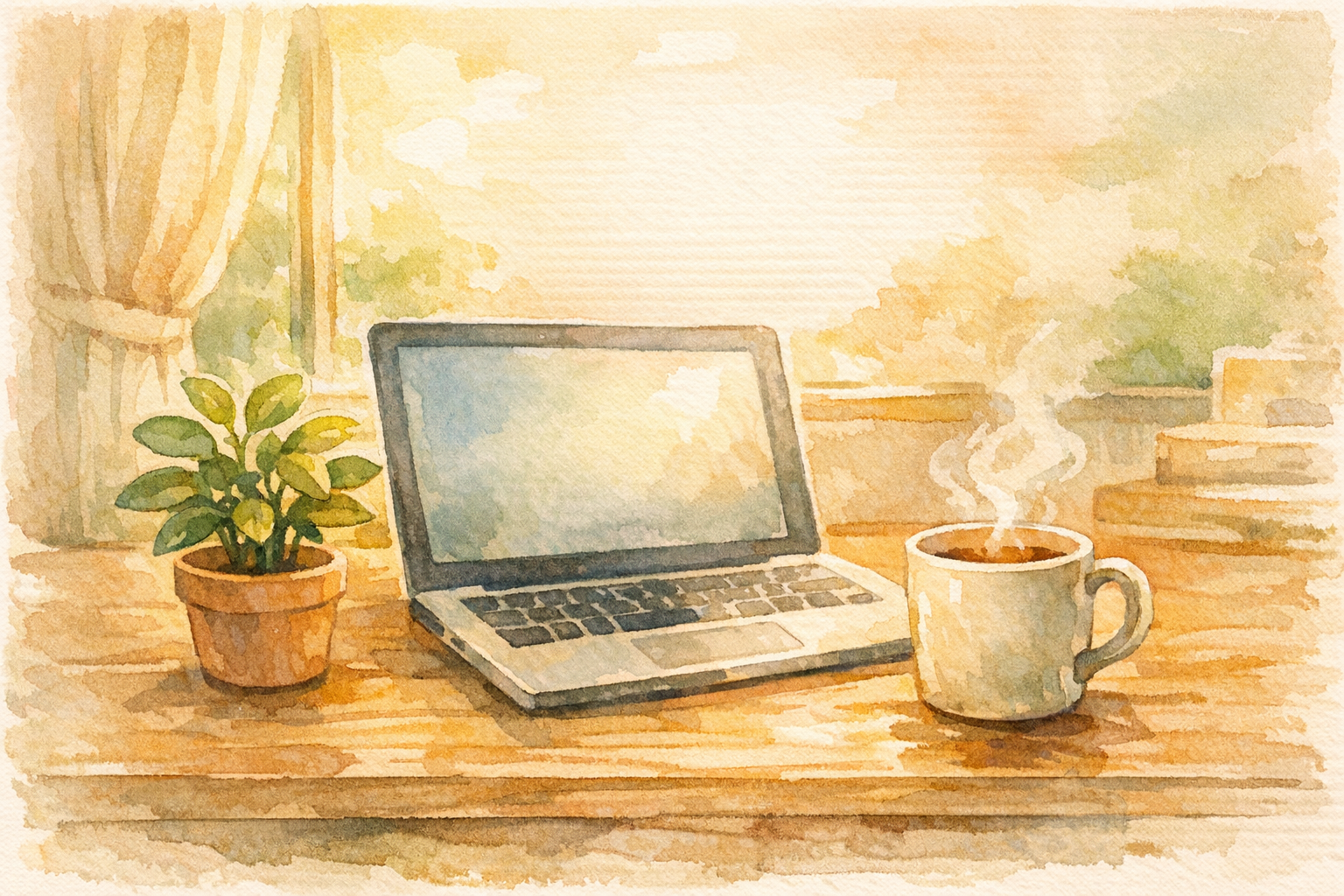 木のデスクの上にノートパソコンと観葉植物、湯気の立つマグカップ