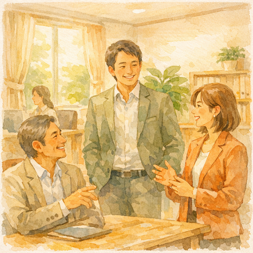 明るいオフィスで談笑する3人のビジネスパーソン