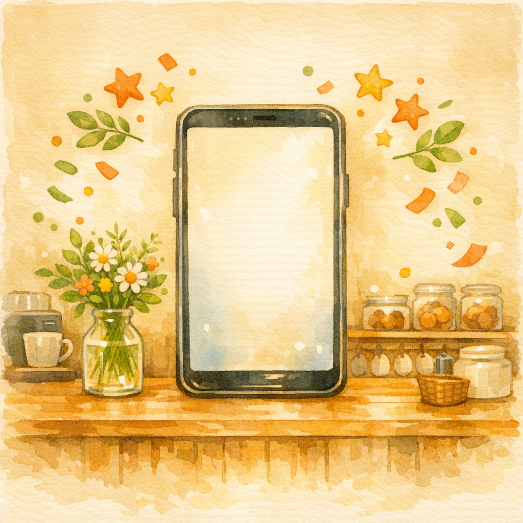 スマートフォンと装飾的な葉と星のイラスト