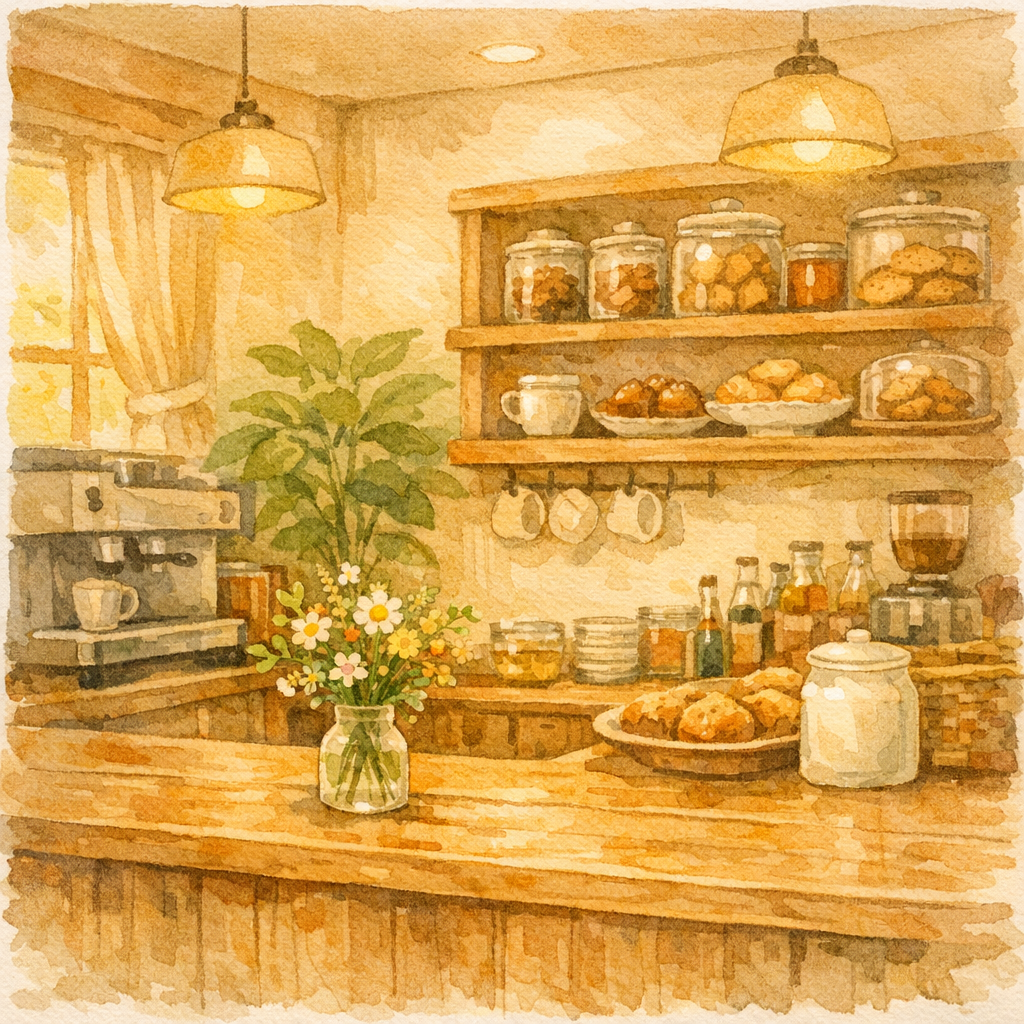 木のぬくもりがある小さなカフェの店内